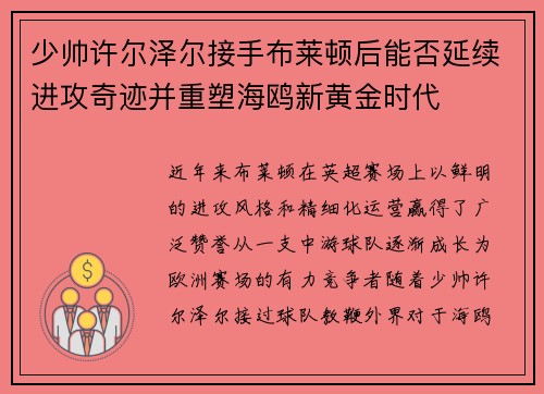少帅许尔泽尔接手布莱顿后能否延续进攻奇迹并重塑海鸥新黄金时代 少帅许尔泽尔接手布莱顿后能否延续进攻奇迹并重塑海鸥新黄金时代